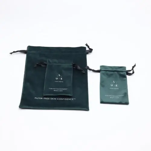 Flexography Customized Dark Green Velvet Drawstring Travel Shopping Handbag Small Medium Velvet Cosmetic Makeup Gift Bag