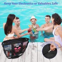 Gelory Wholesale Mesh Beach Toy Tote Bag 9 Pockets Large Lightweight Folding Portable Shoulder Beach Storage Bag