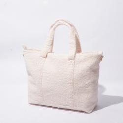 Keymay Stock Cream Work Travel Carry All Shopping Fluffy Bag Teddy Pockets Long shoulder Strap Large Plush Oversized Sherpa Tote