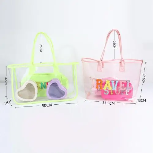 RTS 10 Neon Colors Waterproof Durable Transparent Totes Ladies Women Clear PVC Large Shopping Beach Tote Jelly Clear Tote Bag