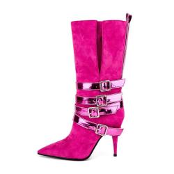 2023 botas de dama Fall Winter Ladies Suede High Heels Long Boots Women Pointy Toe Cone Heel Cross Strap Buckle Mid Calf Boots