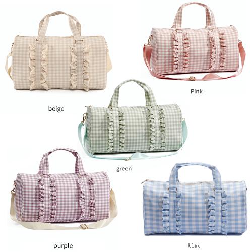 Keymay 5 Colors Fashion High Quality Weekender Bags Cute Plaid Ruffle Travel Bag Women Girls Gym Sports Duffle Bag