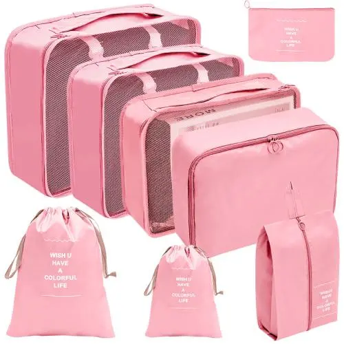 Travel Essentials 9 Set of Various Colored Packing Cubes Luggage Organizer Bags for Carry on Suitcases