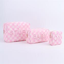 Keymay High Quality Embroidery Letter Patches Plaid Cherecked Custom Printed Cosmetic Bag Travel Organizer Pouch Bag Makeup