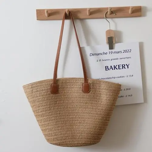 Casual big size totes shoulder bags summer vacation sea beach ladies bucket straw woven handbags for women beach tote bags