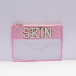 Keymay New Design Stock Chenille Letter Patch Clear Travel Pouch Makeup Bag Clear Flat Pouch Pvc Clear Zipper Cosmetic Bag