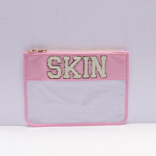 Keymay New Design Stock Chenille Letter Patch Clear Travel Pouch Makeup Bag Clear Flat Pouch Pvc Clear Zipper Cosmetic Bag