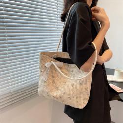 Simple straw woven foreign-style shoulder tote bag, bowknot fresh and small woven handbag,  new style popular women's bag
