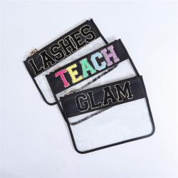 Keymay Custom Personalized Clear Cosmetic Bag Waterproof Toiletry Chenille letters Bag Transparent Pvc Women Zipper Makeup Bag