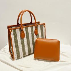 2024 Custom Stripe Canvas PU Tote Bags For Women Ladies Hand Bag Set With Pouch