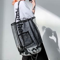 Summer fashion foldable transparent mesh nylon shoulder bag light all match travel handbag shopping bag