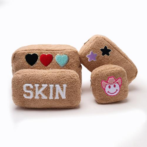 Keymay RTS Stock Fast Shipping Embroidery Chenille Letter Patches Cosmetic Bag Teddy Patch Letters Teddy Makeup Bag Fluffy Bag