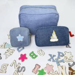 Keymay Custom High Quality Embroidery Chenille Patches Travel Pouches Large Capacity Makeup Bag Cosmetic Denim Cosmetic Bag