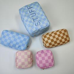 Manufacturer Custom Checkered Nylon Cosmetic Make Up Bags Grid Checked Pattern Makeup Pouches Gorcery Cosmetic Zipper Bag