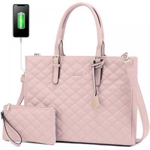 LOVEVOOK 2 PCS Waterproof Laptop Handbag Bag for Women Quilted Leather Computer Shoulder Briefcase 15.6 inch Laptop Tote Purses