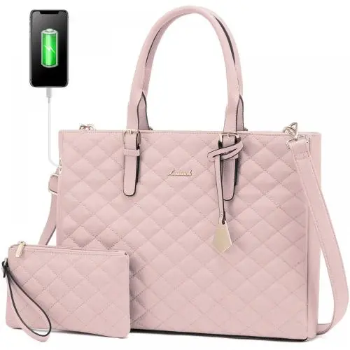 LOVEVOOK 2 PCS Waterproof Laptop Handbag Bag for Women Quilted Leather Computer Shoulder Briefcase 15.6 inch Laptop Tote Purses