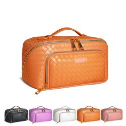 Large Travel-Friendly Leather Cosmetic Bag with Strap Portable Waterproof Anti-Dust Opens Flat for Women Makeup Cases