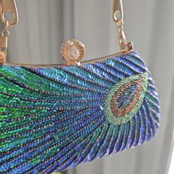 New peacock feather sequined bag chains shoulder vintage dress prom beaded women's clutch bag evening bag 2024