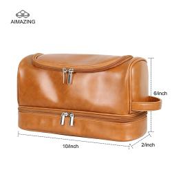2024 Daily ins Pu Leather Double Layer Toiletry Bag With Hook Portable Travel Brush Organizer Pouch