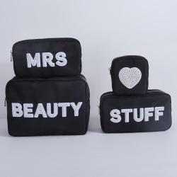Keymay Custom Black Waterproof Nylon Organizer Set Inner Zipper Pocket Wash Bag Pearl Embroidery Personalized Makeup Bag