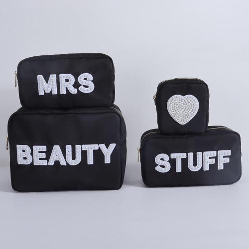 Keymay Custom Black Waterproof Nylon Organizer Set Inner Zipper Pocket Wash Bag Pearl Embroidery Personalized Makeup Bag