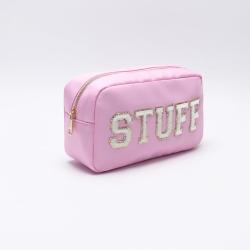 Keymay Custom Chenille Letter Patches Pink Travel Toiletry Zipper Pouch Makeup Bags for Women Cosmetic Bag Wholesale