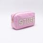 Keymay Custom Chenille Letter Patches Pink Travel Toiletry Zipper Pouch Makeup Bags for Women Cosmetic Bag Wholesale