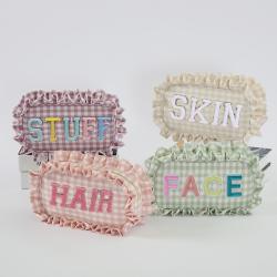 Keymay RTS Stock Fashion Cute Ruffle Makeup Bag Ruffle Monogram Varsity Letter Beauty Pouches Travel Organizer Cosmetic Pouches