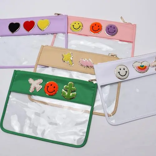 Keymay 17 Colors Personalized Letter Patch Clear Toiletry Bag Transparent Nylon Zipper Pouch Flat PVC Cosmetic makeup Bag