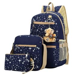 Star Printed Canvas Backpacks With Bear Pendant 3pcs Set School Bags Bookbags With Crossbody Bag For Teenage Boys Girls