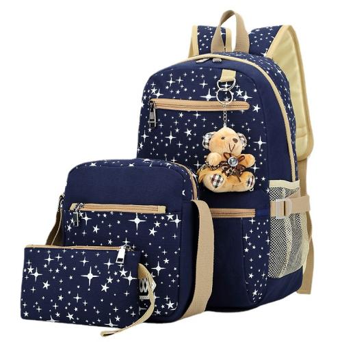 Star Printed Canvas Backpacks With Bear Pendant 3pcs Set School Bags Bookbags With Crossbody Bag For Teenage Boys Girls