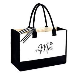 Personalized initials canvas beach bag gift handbag women's black and white solid Cotton Canvas Shoulder Bag