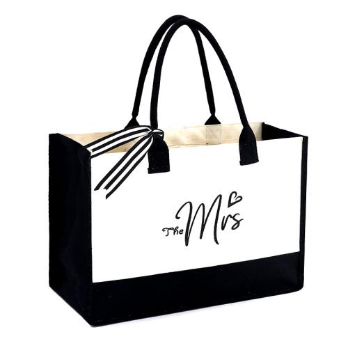 Personalized initials canvas beach bag gift handbag women's black and white solid Cotton Canvas Shoulder Bag