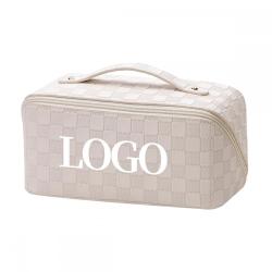 Custom Logo Luxury PU Cosmetic Bags for Women Multi Functional Portable Skincare Storage Checkered Makeup Bag With Handle