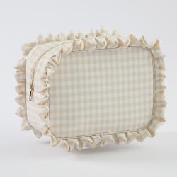 Low Moq Rts Women Gingham Ruffle Cosmetic Bags Cotton Checkered Makeup Bag