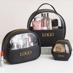 custom luxury makeup travel trolley make up storage bag girl waterproof clear zipper pvc transparent black cosmetic bags set