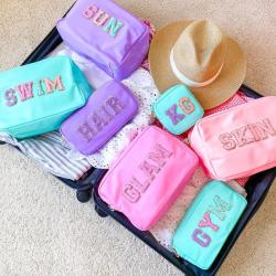 Low MOQ Stock 27 Colors Nylon Pouch Cosmetic Bag Custom Travel Embroidery Chenille Letter Patches Toiletry Makeup Bag For Women