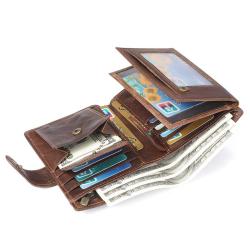 Large Capacity Wallet for Men Genuine Leather RFID Blocking Trifold Stylish Wallet With 2 ID Window Card Holder