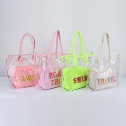 Low MOQ 10 Bright Colors Waterproof Beach Tote Large Clear PVC Handbag Women PVC Tote Bags Transparent Bag