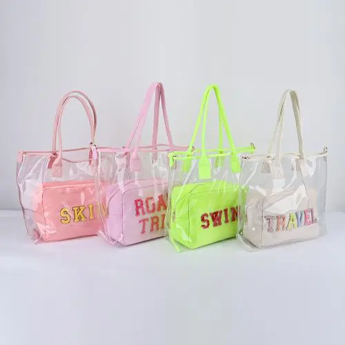 Low MOQ 10 Bright Colors Waterproof Beach Tote Large Clear PVC Handbag Women PVC Tote Bags Transparent Bag