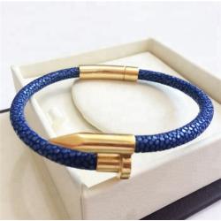 Best Sale Luxury Genuine Stingray Leather Stainless Steel Nail Bracelet