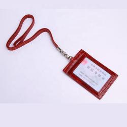 OEM ODM Custom LOGO Real Embossed Cowhide Leather Employee Name Badge ID Card Holder With Lanyard