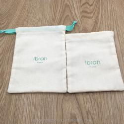 Recyclable Custom Logo Natural Cotton Linen Drawstring Bag With Blue Grosgrain Ribbon Cotton Linen Drawstring Pouch