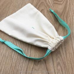 Recyclable Custom Logo Natural Cotton Linen Drawstring Bag With Blue Grosgrain Ribbon Cotton Linen Drawstring Pouch