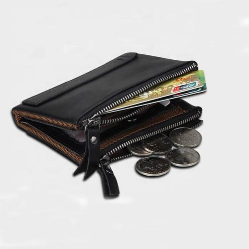 Cowhide Leather Men's Wallet Short Anti-RFID Theft Brush Tri-fold Wallet Double Zipper Wallet