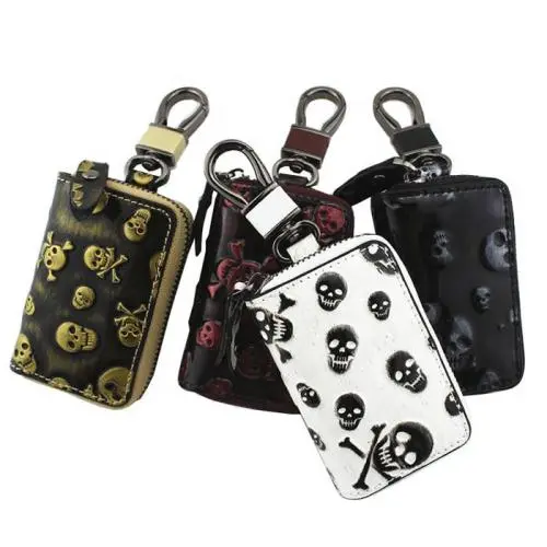 Fashion Real Cowhide Leather Car Key Pouch Unisex Zipper Car Key Bag With Car Key Ring