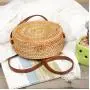 Custom Hand made Bali Fashion Rattan Braided Women Small Round Shape Slanted Crossbody Shoulder Bag With Leather Shoulder Strap
