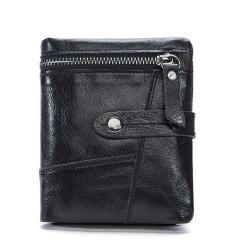 Vintage motorcycle man leather splicing short cowhide leather wallet with zipper