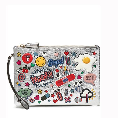 Heated transfer logo silver metallic textured PU smiling leather wristlet