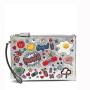 Heated transfer logo silver metallic textured PU smiling leather wristlet